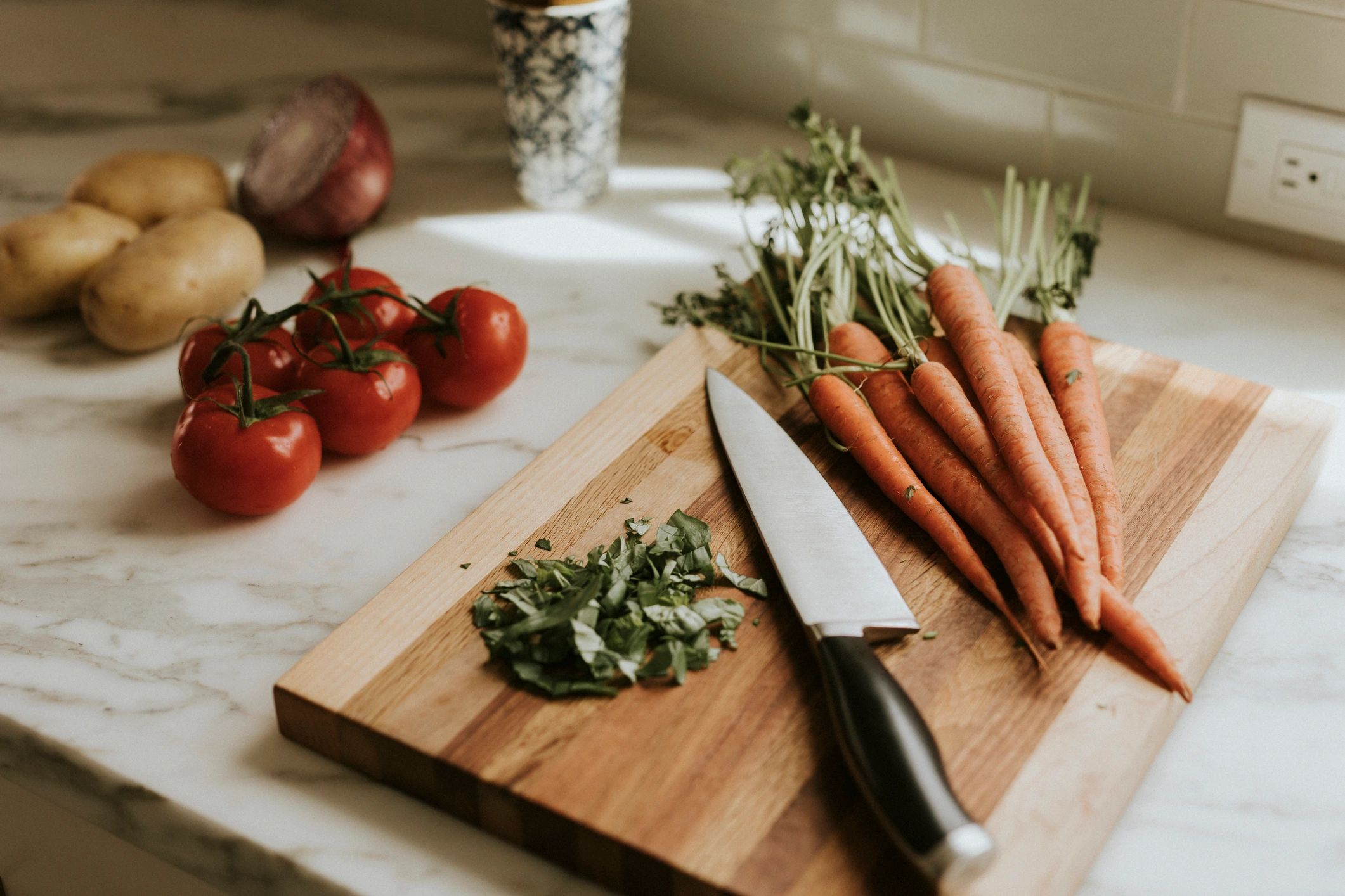 Fresh organic vegetables laid out for cooking